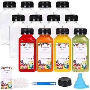 Brightly colored 8oz square PET juice bottles with black caps for beverages.