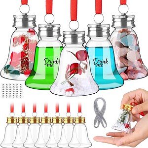 Miniature glass and plastic Christmas ornament bottles with colorful liquids and caps, ideal for hol.