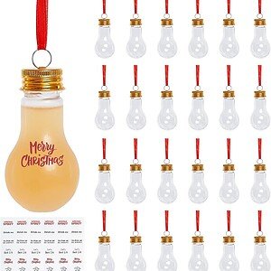 Merry Christmas light bulb-shaped plastic bottle for beverages, 2oz capacity, festive holiday design.