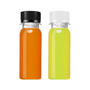Orange and yellow 2oz round long straight juice shot bottles with black and white lids.