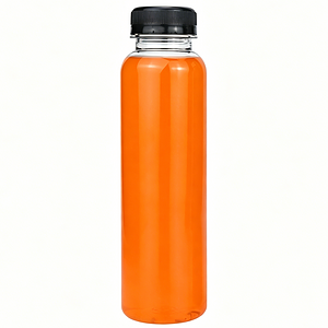 Orange plastic bottle with black cap on white background.